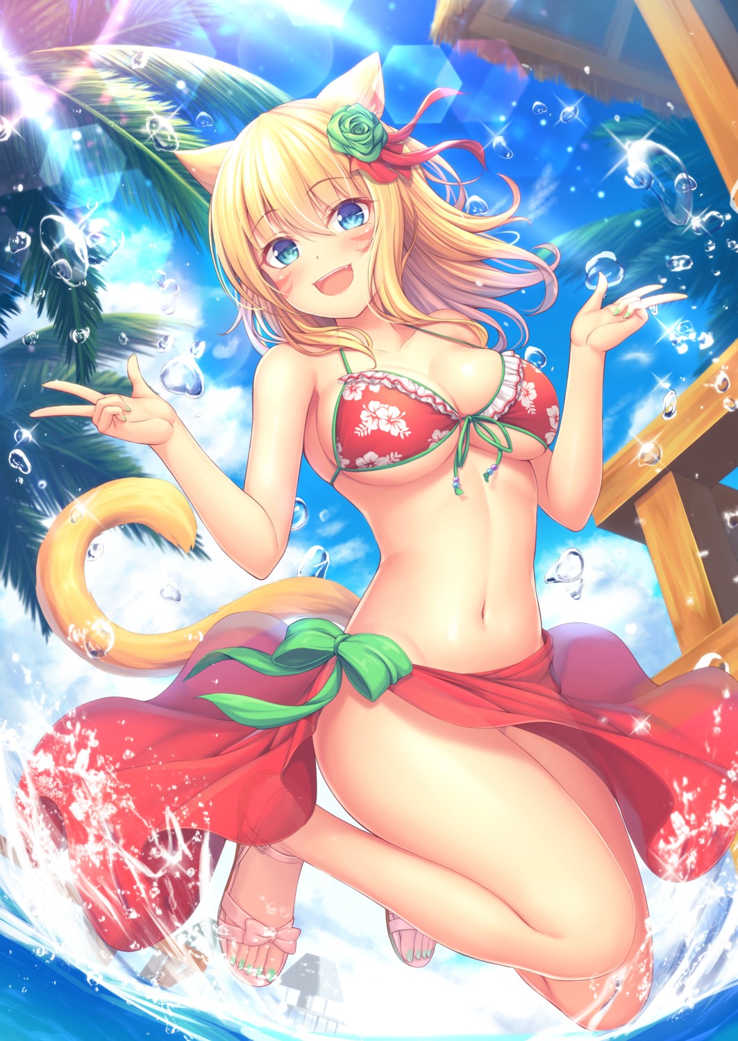 animal_ears bikini cleavage feet final_fantasy final_fantasy_xiv miqo'te mutsuba_fumi swimsuits tail underboob wet