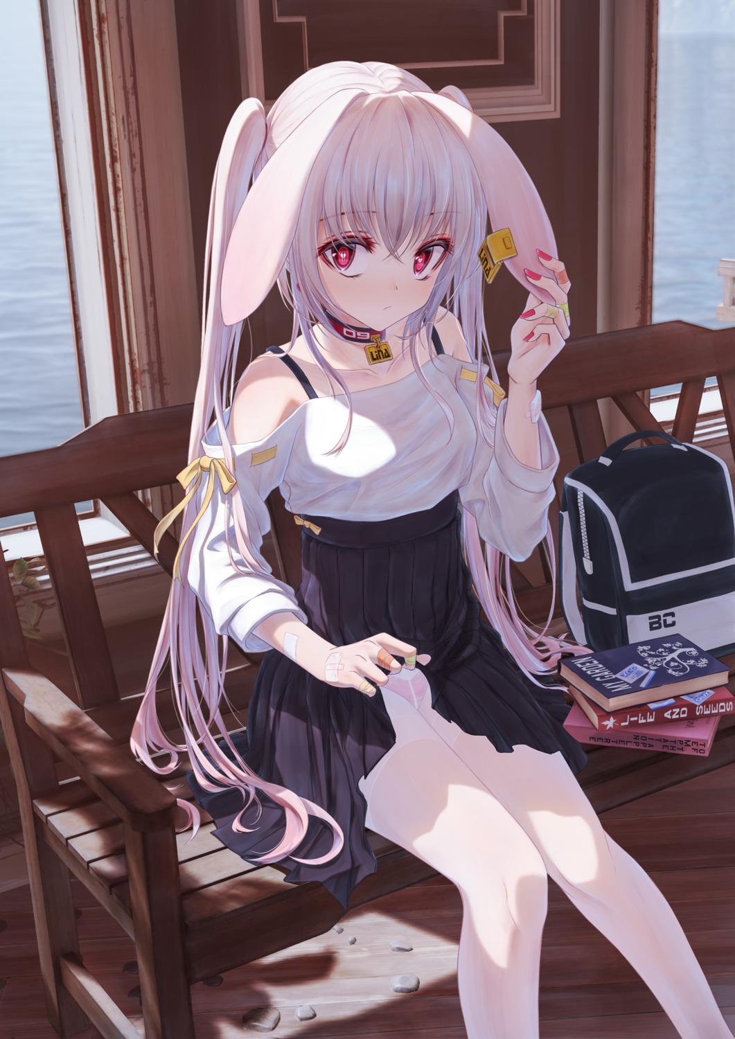 animal_ears bae.c bandaid bunny_ears lirin pantsu pantyhose skirt_lift