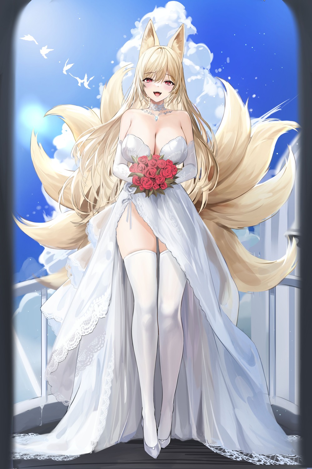 animal_ears cleavage dress kitsune lillly no_bra tail thighhighs wedding_dress