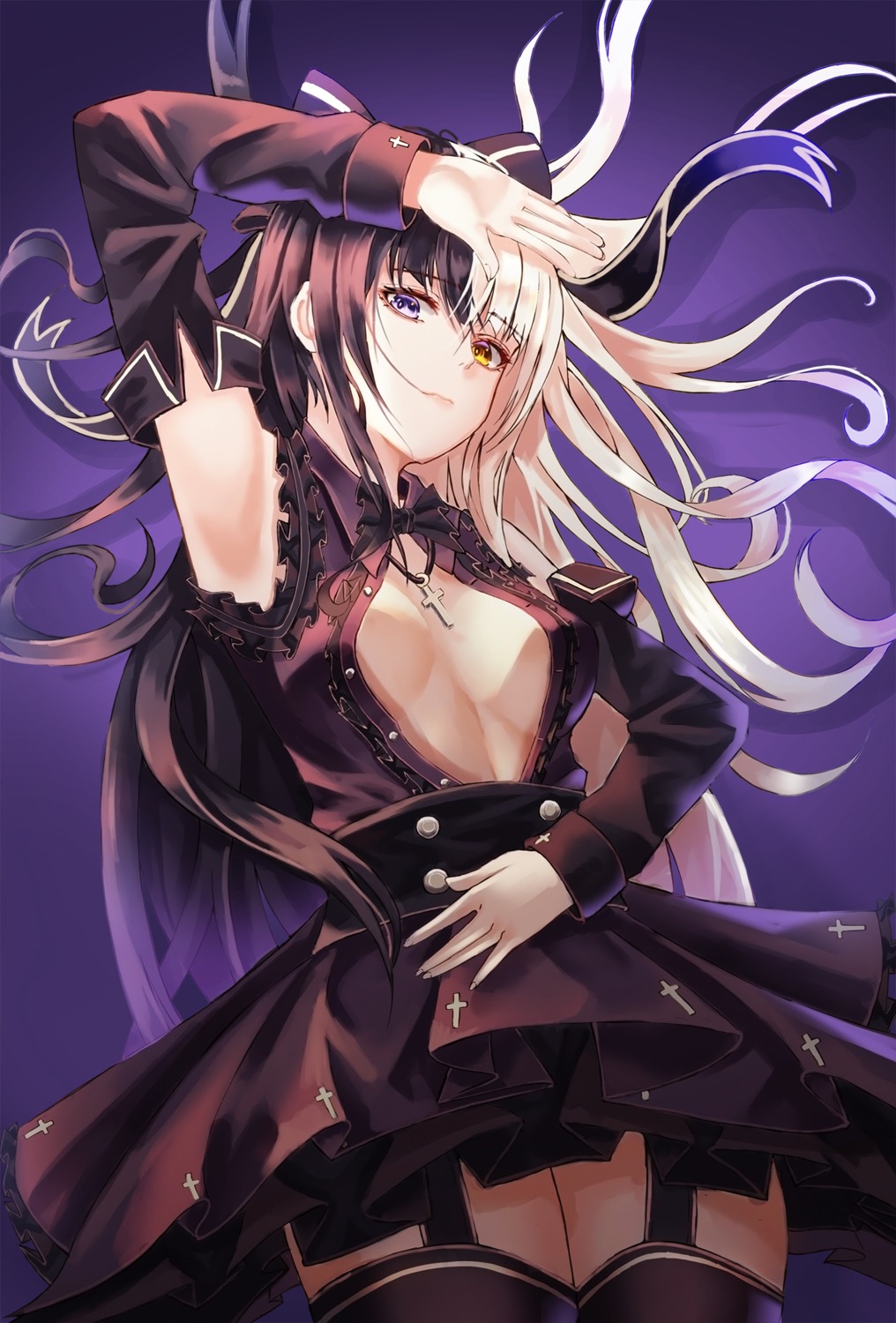 cup6542 gothic_lolita heterochromia lolita_fashion no_bra open_shirt stockings thighhighs