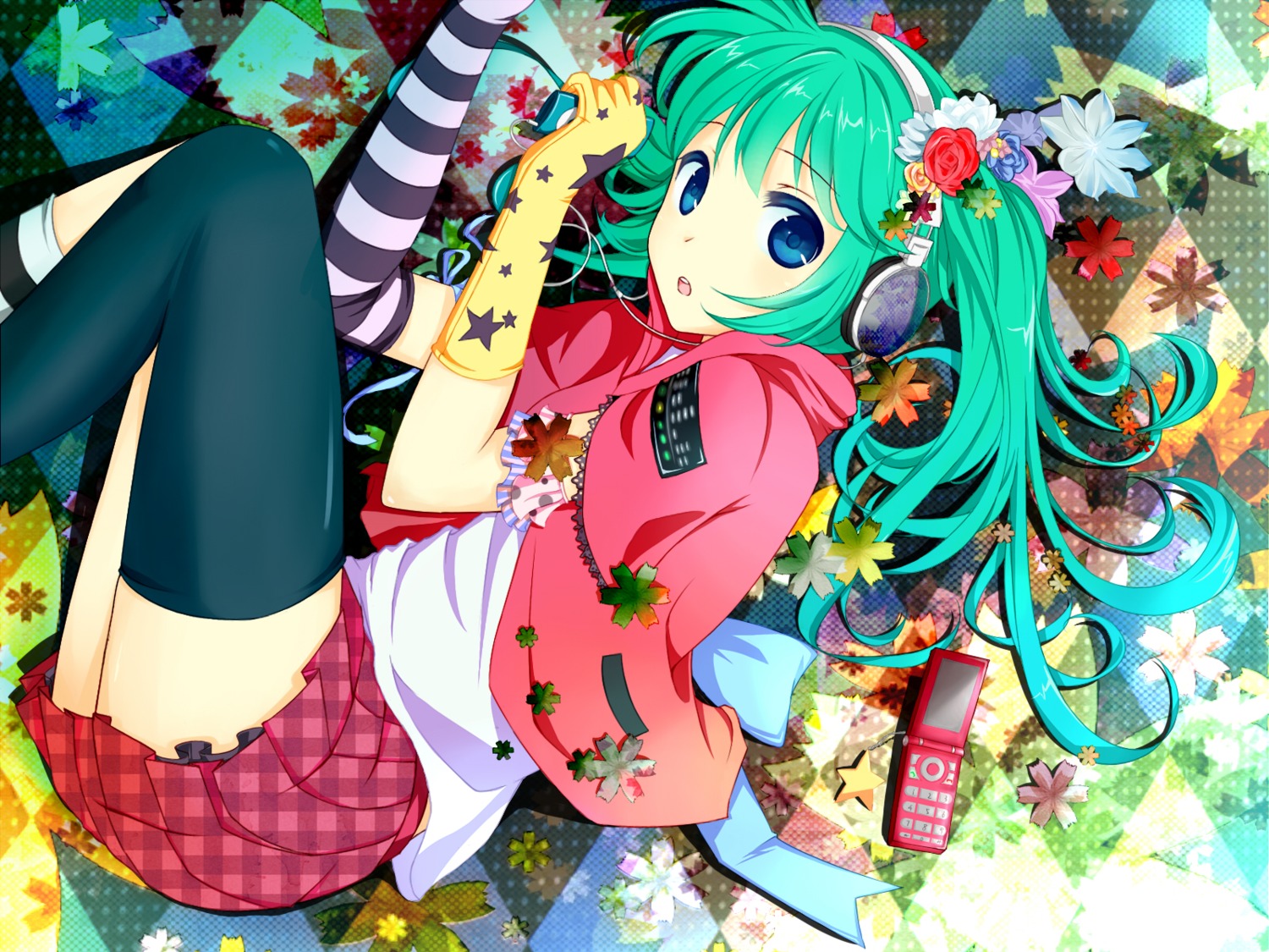 hatsune_miku headphones liuli thighhighs vocaloid wallpaper