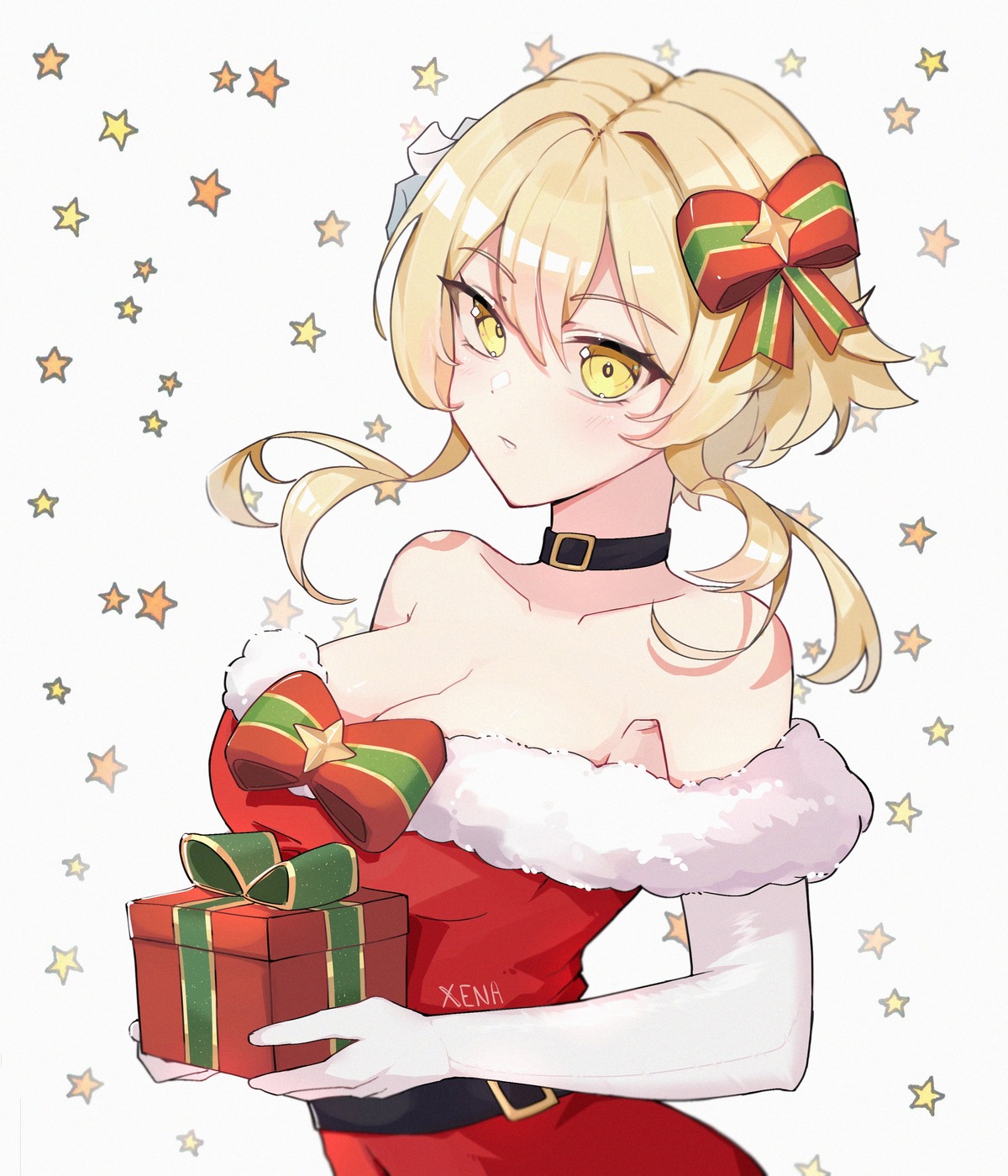 christmas cleavage genshin_impact lumine no_bra xenarai009