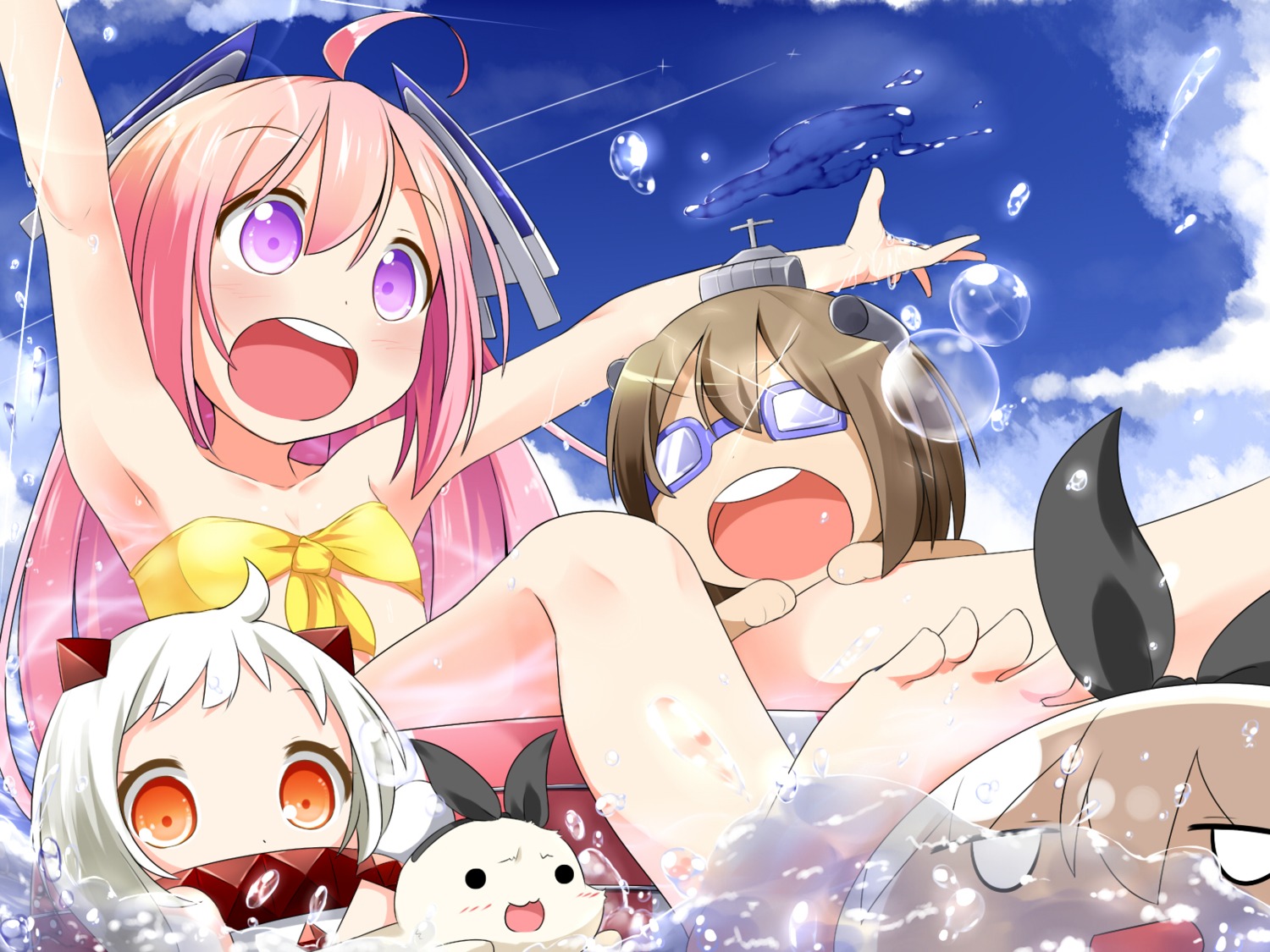 bikini feet horns kantai_collection loli makuran nenohi_(kancolle) northern_ocean_hime shimakaze_(kancolle) swimsuits wet yukikaze_(kancolle)