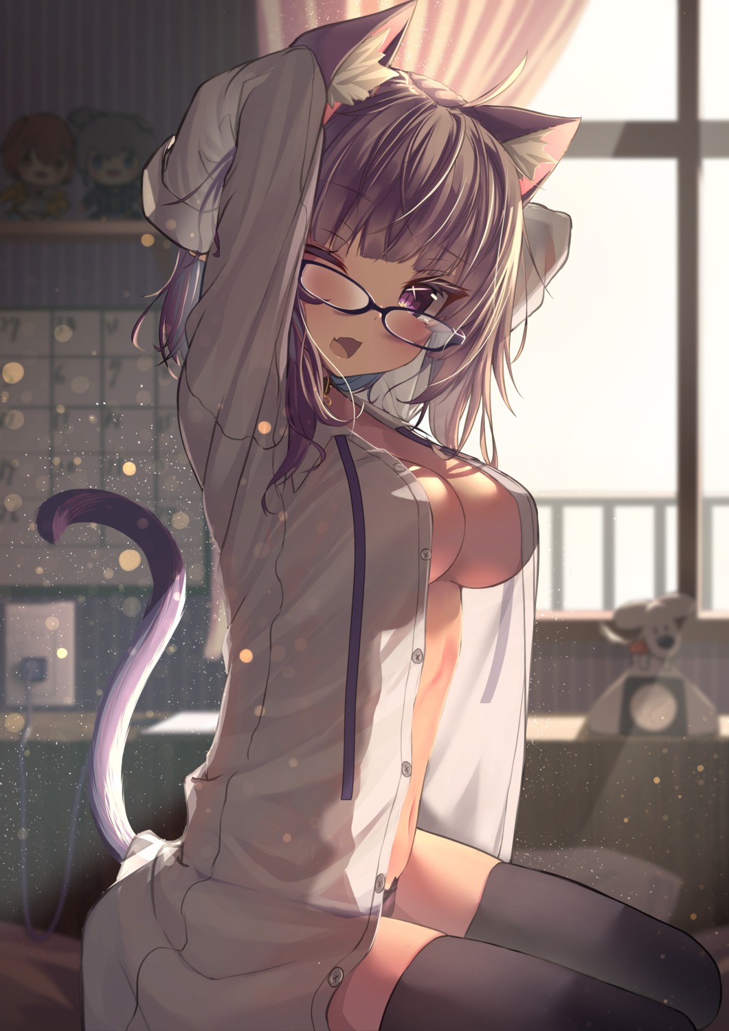 animal_ears dress_shirt hololive hololive_gamers inaba_teitoku megane nekomata_okayu nekomimi no_bra open_shirt pantsu see_through tail thighhighs