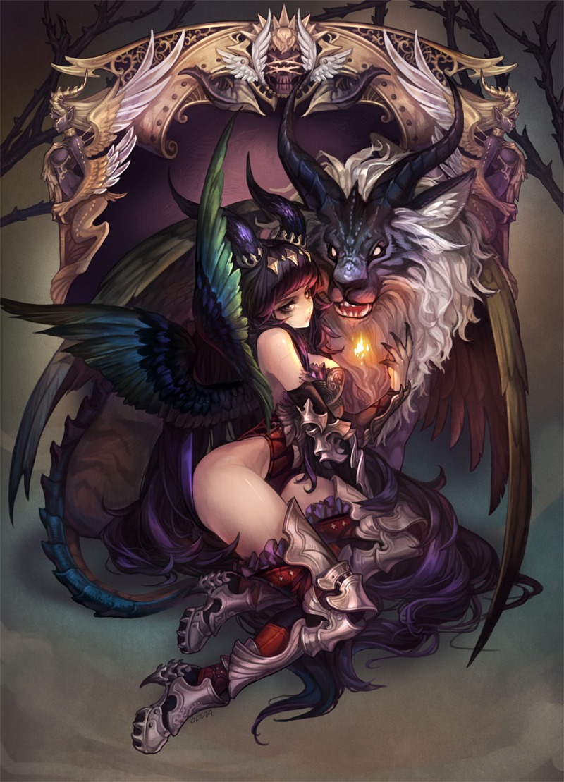 horns monster olivia_(yh) thighhighs wings
