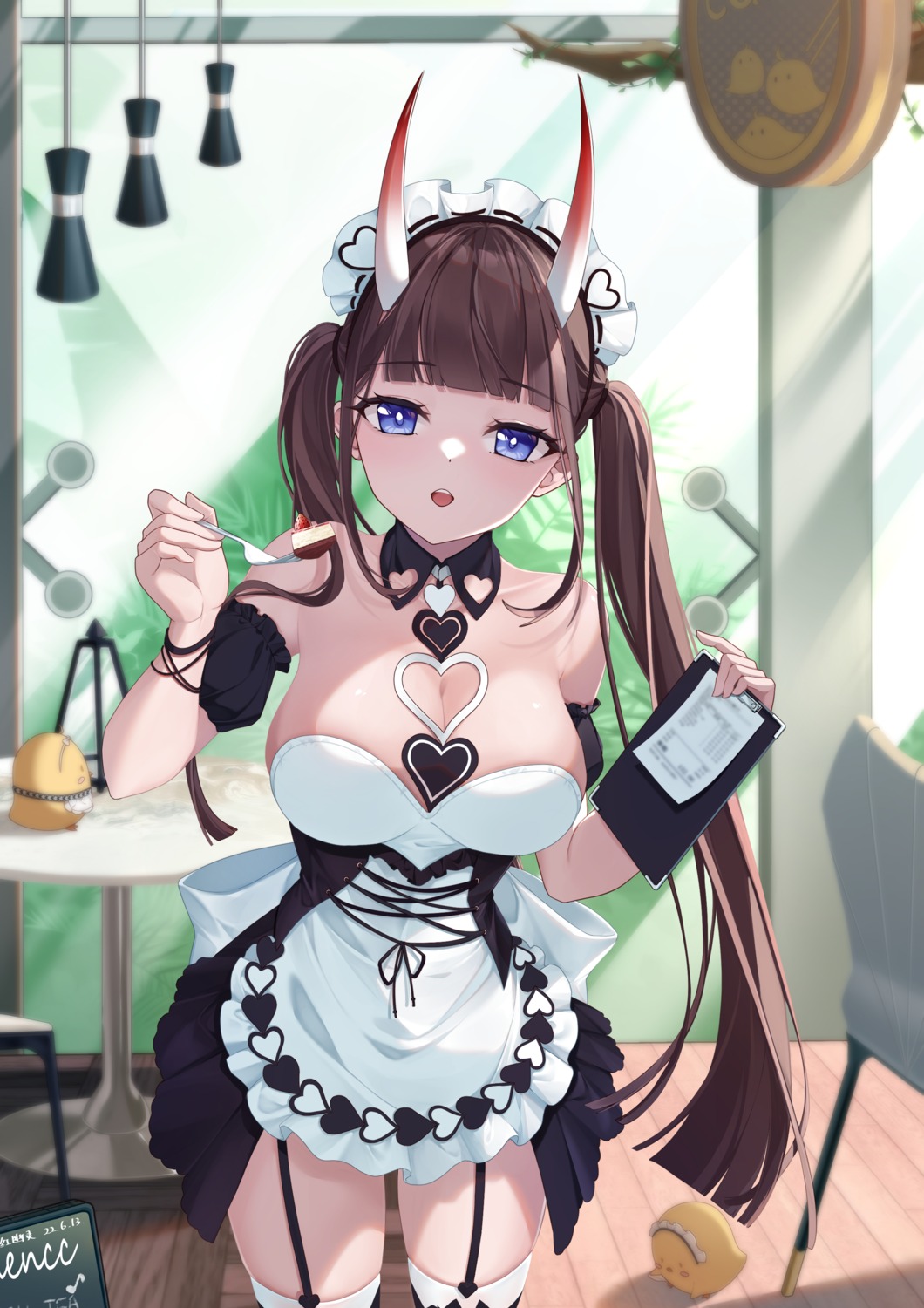 azur_lane hongyouling horns maid manjuu_(azur_lane) no_bra noshiro_(azur_lane) stockings thighhighs waitress