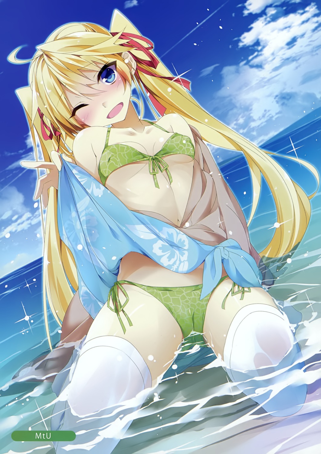 bikini cameltoe erect_nipples mtu open_shirt swimsuits thighhighs underboob wet