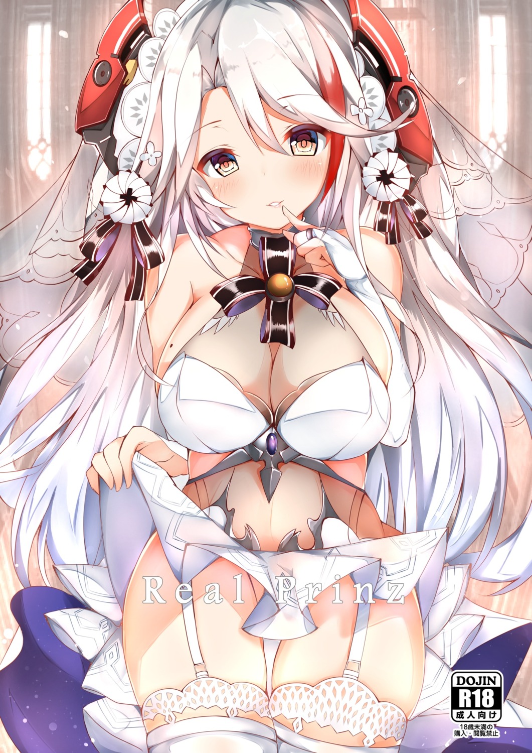 azur_lane cleavage dress mutou_(94753939) nopan prinz_eugen_(azur_lane) see_through skirt_lift stockings thighhighs wedding_dress