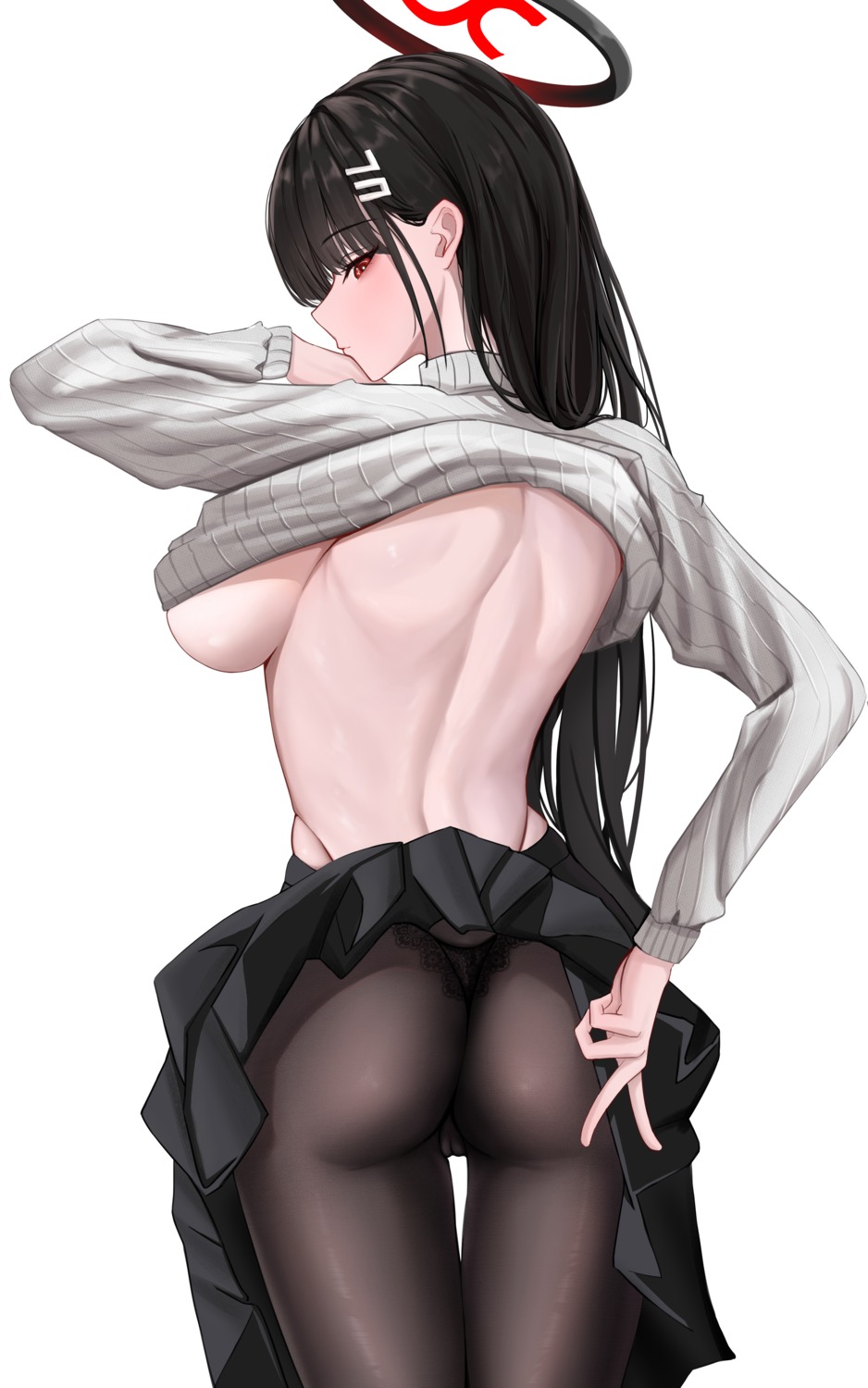 ass blue_archive cameltoe halo no_bra pantsu pantyhose shirt_lift skirt_lift stardivine sweater thong tsukatsuki_rio