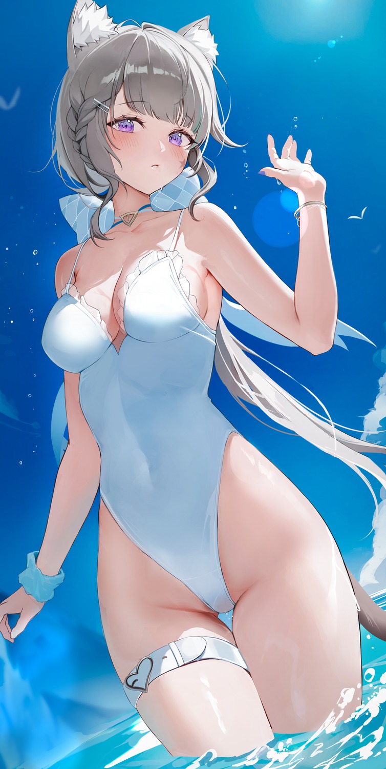 2sham animal_ears garter genshin_impact lynette_(genshin_impact) nekomimi swimsuits tail tattoo wet