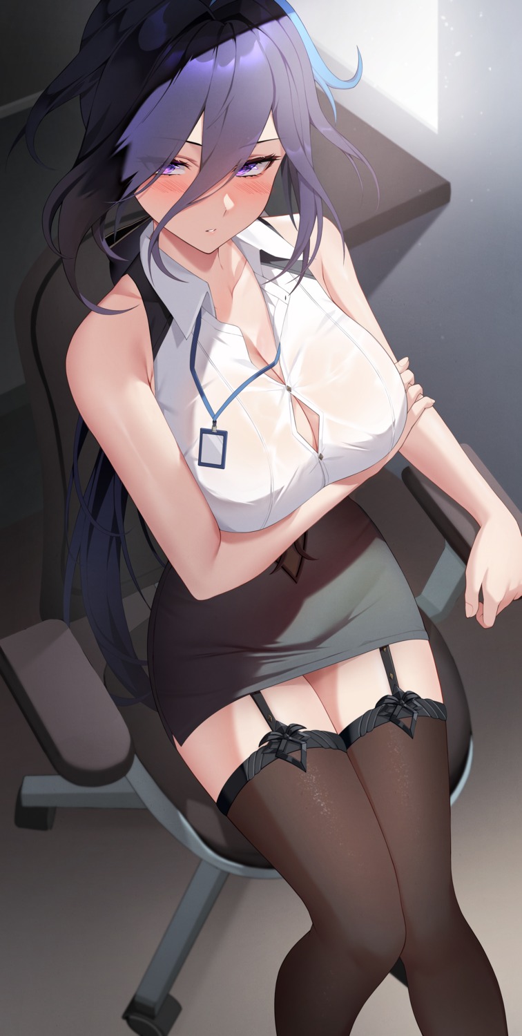 breast_hold clorinde dress_shirt genshin_impact lessthanone no_bra open_shirt see_through stockings thighhighs wet_clothes