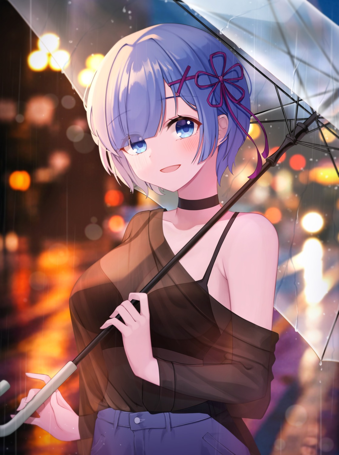 bra cleavage gya_(144) re_zero_kara_hajimeru_isekai_seikatsu rem_(re_zero) see_through umbrella