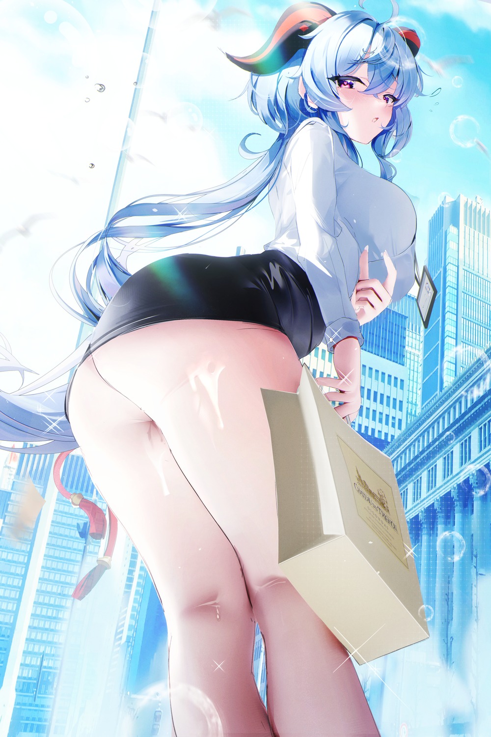 ass cum dress_shirt fantongjun ganyu genshin_impact horns nopan pussy_juice skirt_lift