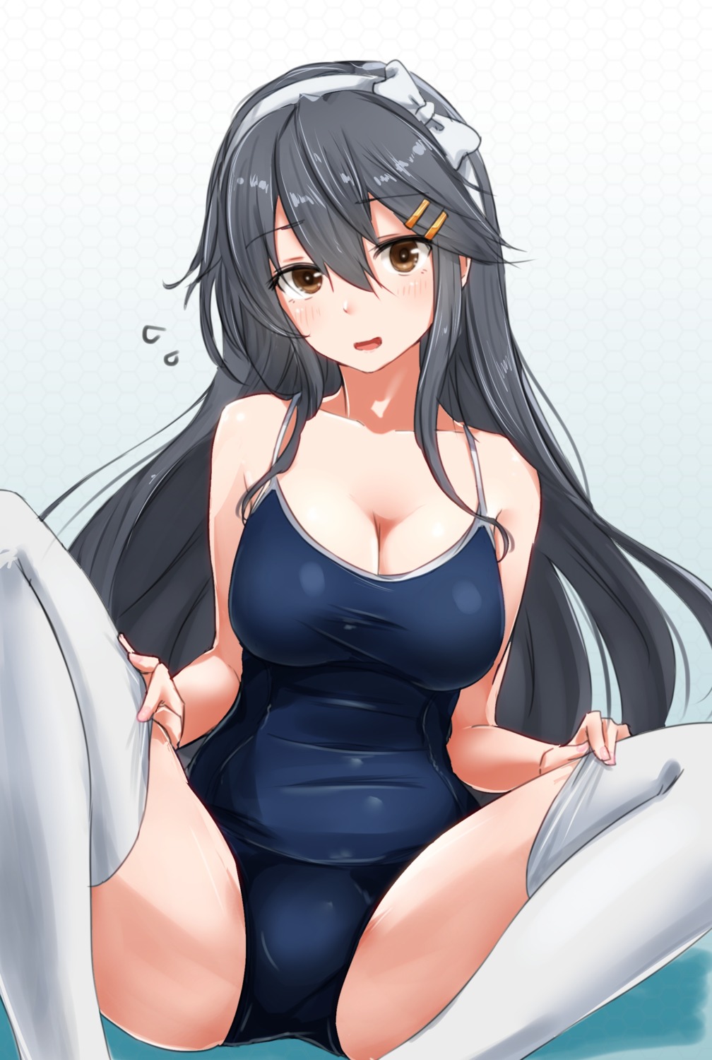 amane_iori cleavage haruna_(kancolle) kantai_collection school_swimsuit swimsuits thighhighs