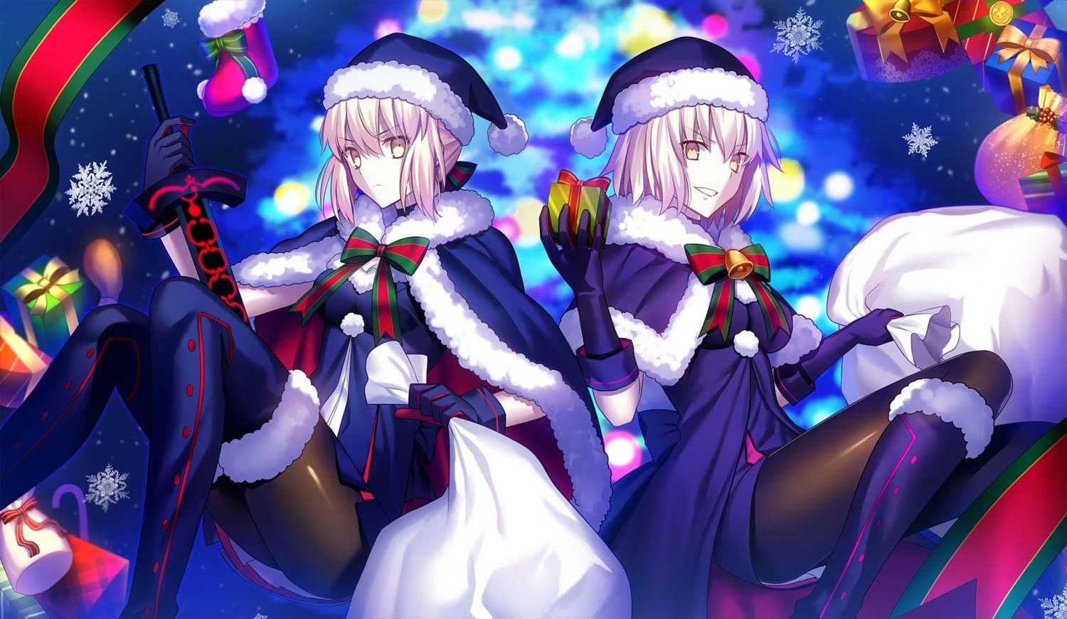 christmas dress fate/grand_order fuyuki_(neigedhiver) jeanne_d'arc jeanne_d'arc_(alter)_(fate) pantyhose saber saber_alter sword