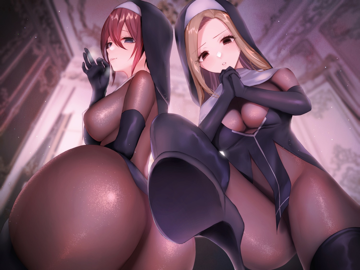 ass bodysuit heels nun sakiryo_kanna skirt_lift thighhighs