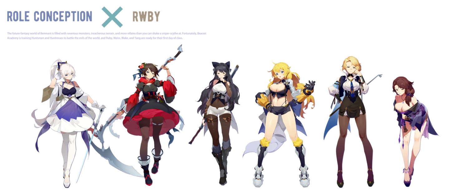 blake_belladonna cinder_fall cleavage cro_(pixiv14643743) dress garter glynda_goodwitch heels japanese_clothes megane no_bra open_shirt pantyhose ruby_rose rwby skirt_lift sword uniform weapon weiss_schnee yang_xiao_long