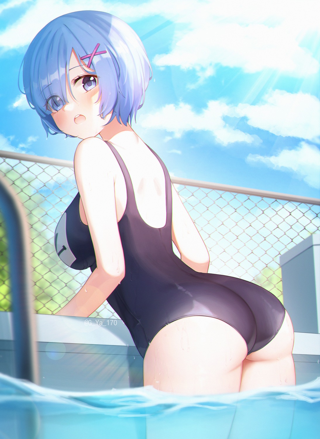 artist_revision ass gya_(144) re_zero_kara_hajimeru_isekai_seikatsu rem_(re_zero) school_swimsuit swimsuits wet