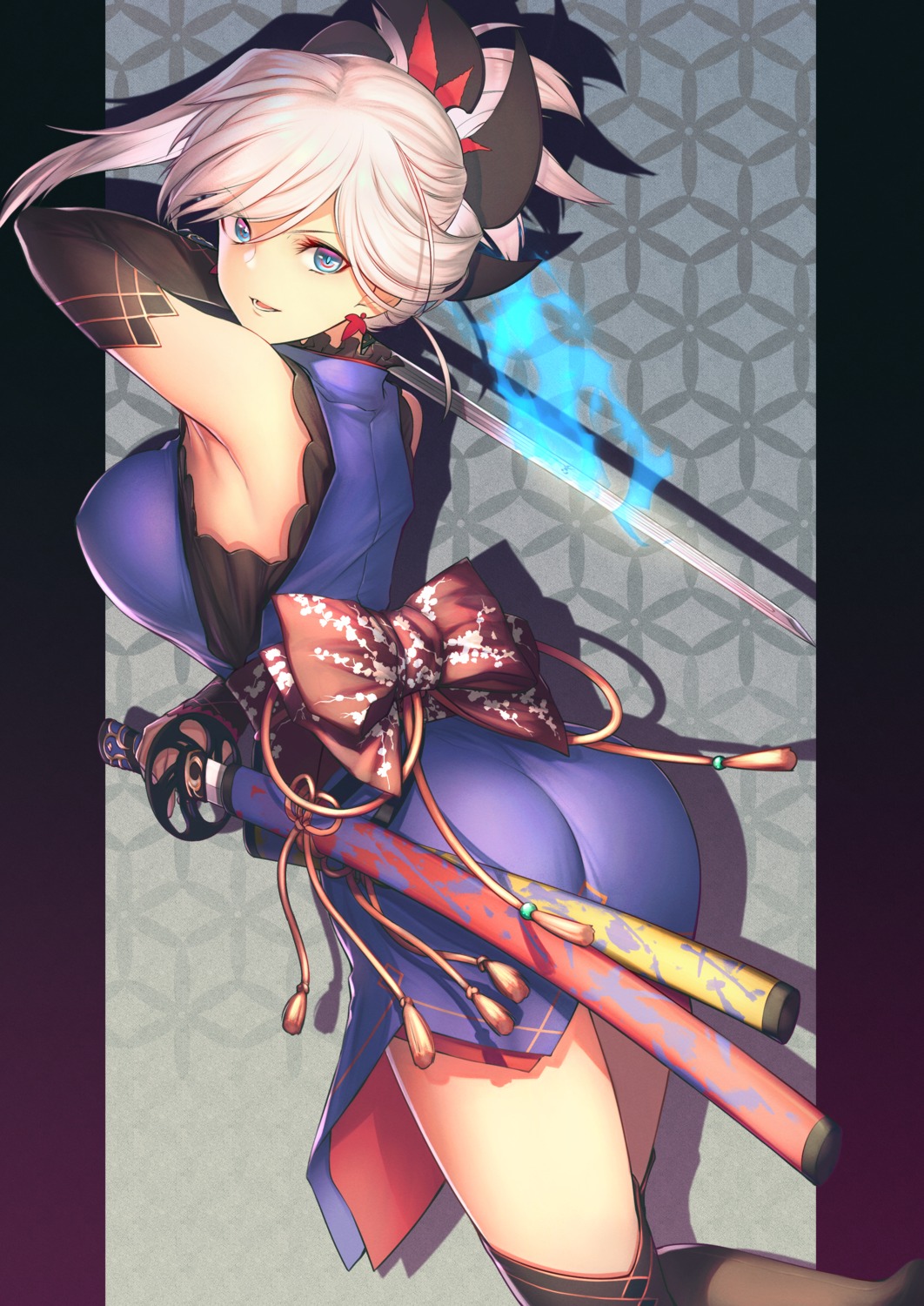 ass fate/grand_order itaco japanese_clothes miyamoto_musashi_(fate/grand_order) sword thighhighs