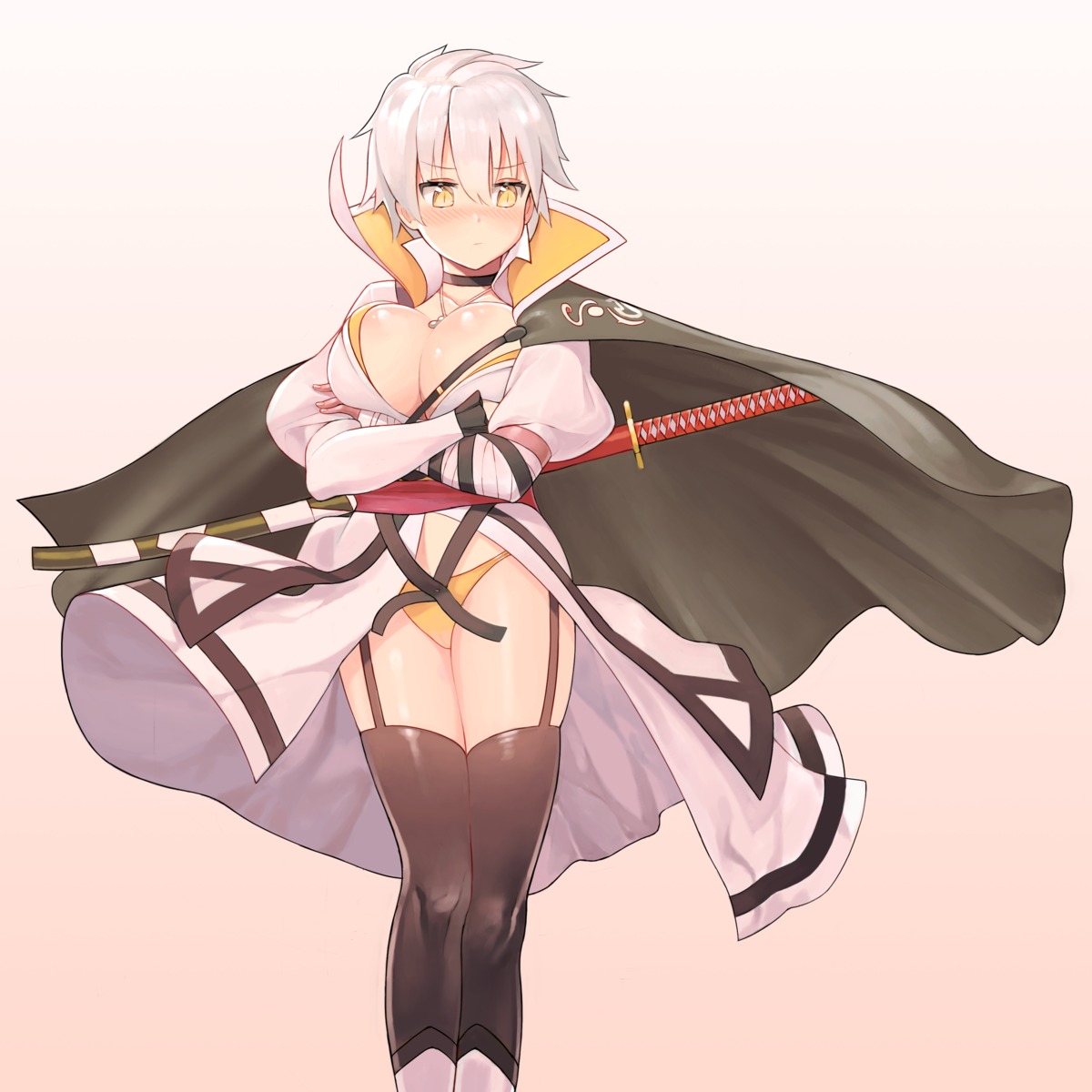 ameyame cleavage japanese_clothes miyabi_(senran_kagura) open_shirt pantsu senran_kagura stockings sword thighhighs