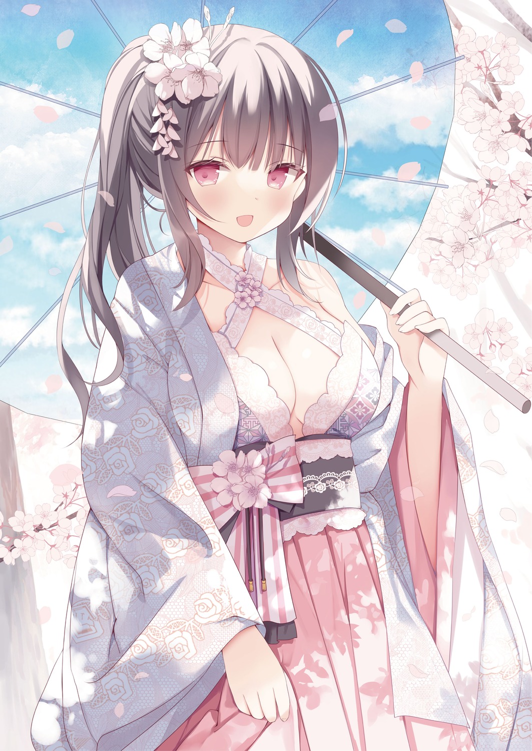 hoshino_koucha japanese_clothes no_bra umbrella