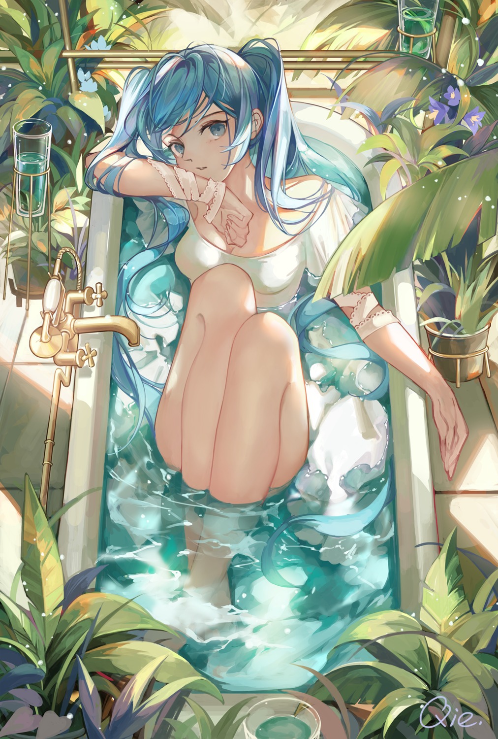 bathing dress hatsune_miku no_bra open_shirt qie_(25832912) see_through skirt_lift vocaloid wet wet_clothes