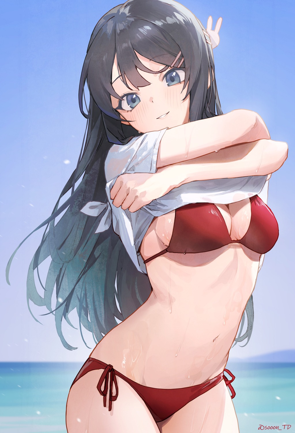 bikini sakurajima_mai seishun_buta_yarou shirt_lift sooon swimsuits undressing wet