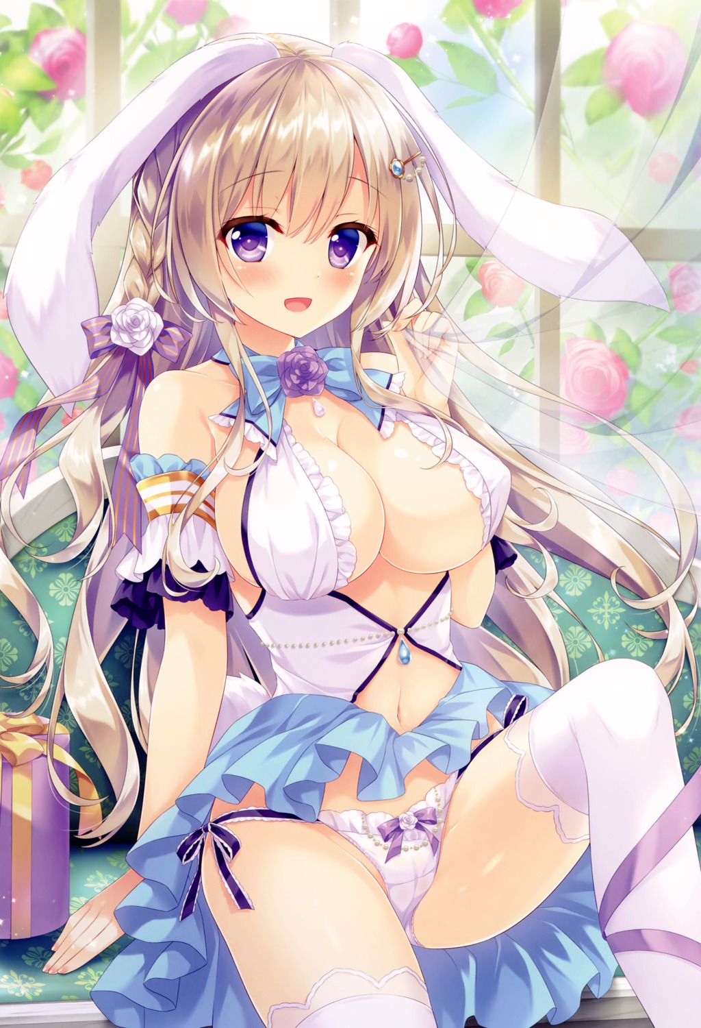 ameto_yuki animal_ears cameltoe ecru_(ameto_yuki) erect_nipples no_bra pantsu skirt_lift string_panties thighhighs