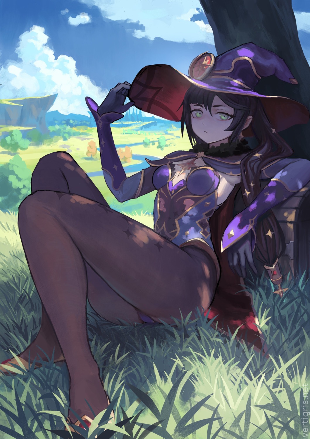 ass genshin_impact leotard mona_megistus no_bra pantyhose vertigris witch