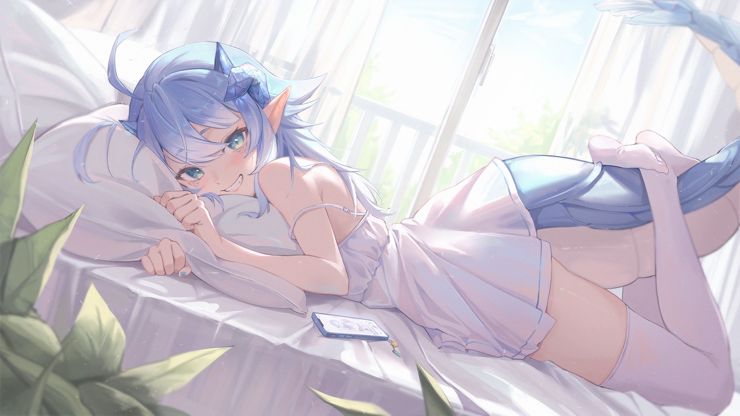 dress horns midori_xu no_bra pointy_ears see_through tail thighhighs wallpaper