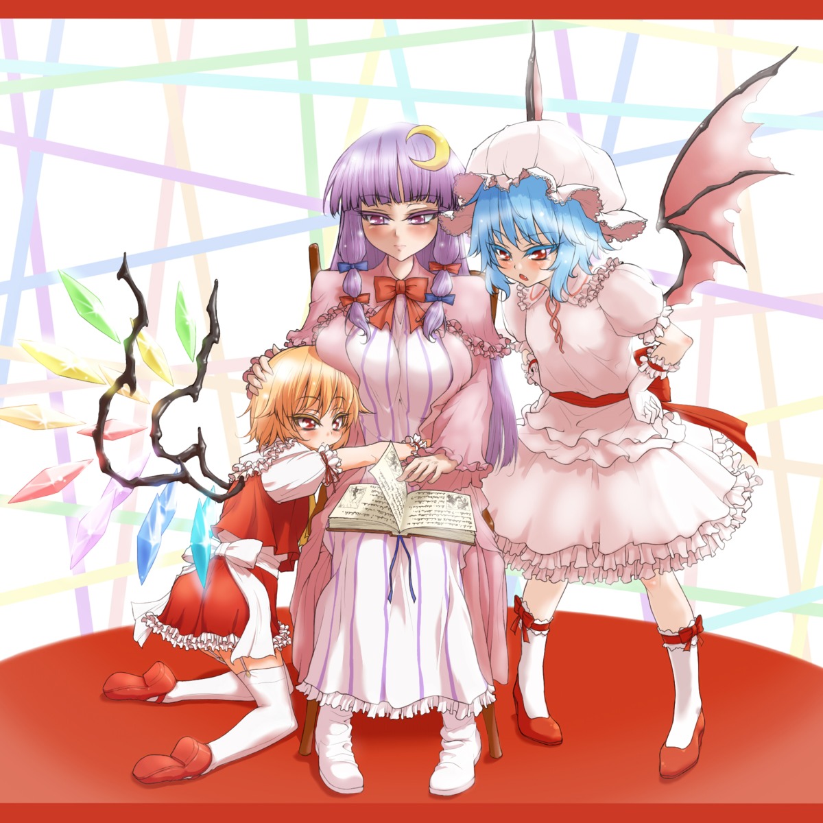 demekyon flandre_scarlet patchouli_knowledge remilia_scarlet stockings thighhighs touhou wings
