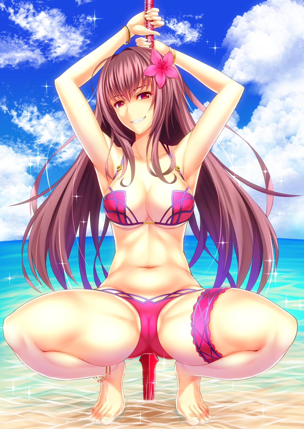 bikini cameltoe cleavage fate/grand_order feet garter scathach_(fate/grand_order) shirouzu_myuuta swimsuits underboob weapon wet