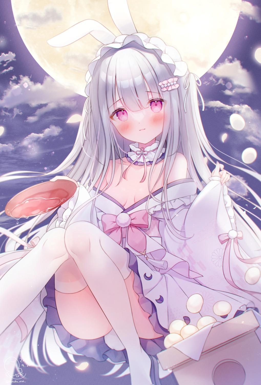 animal_ears bunny_ears japanese_clothes no_bra omochi_monaka open_shirt sake see_through skirt_lift tail thighhighs