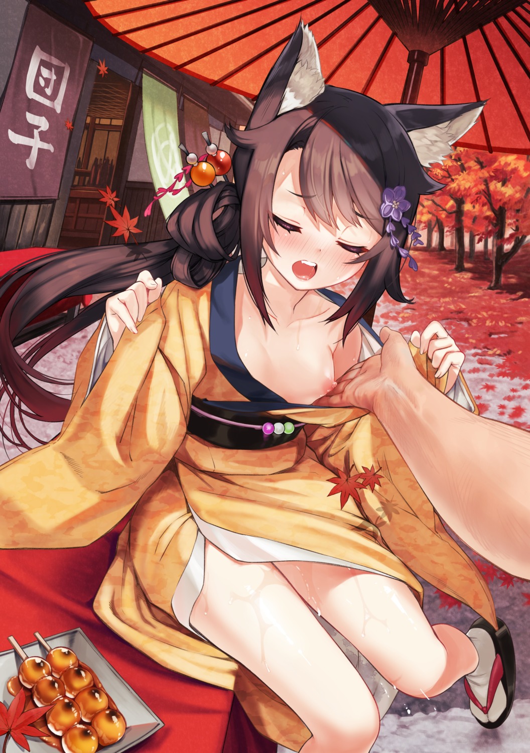 animal_ears breast_grab breasts kimono kitsune nipples no_bra pussy_juice zero_(miraichizu)