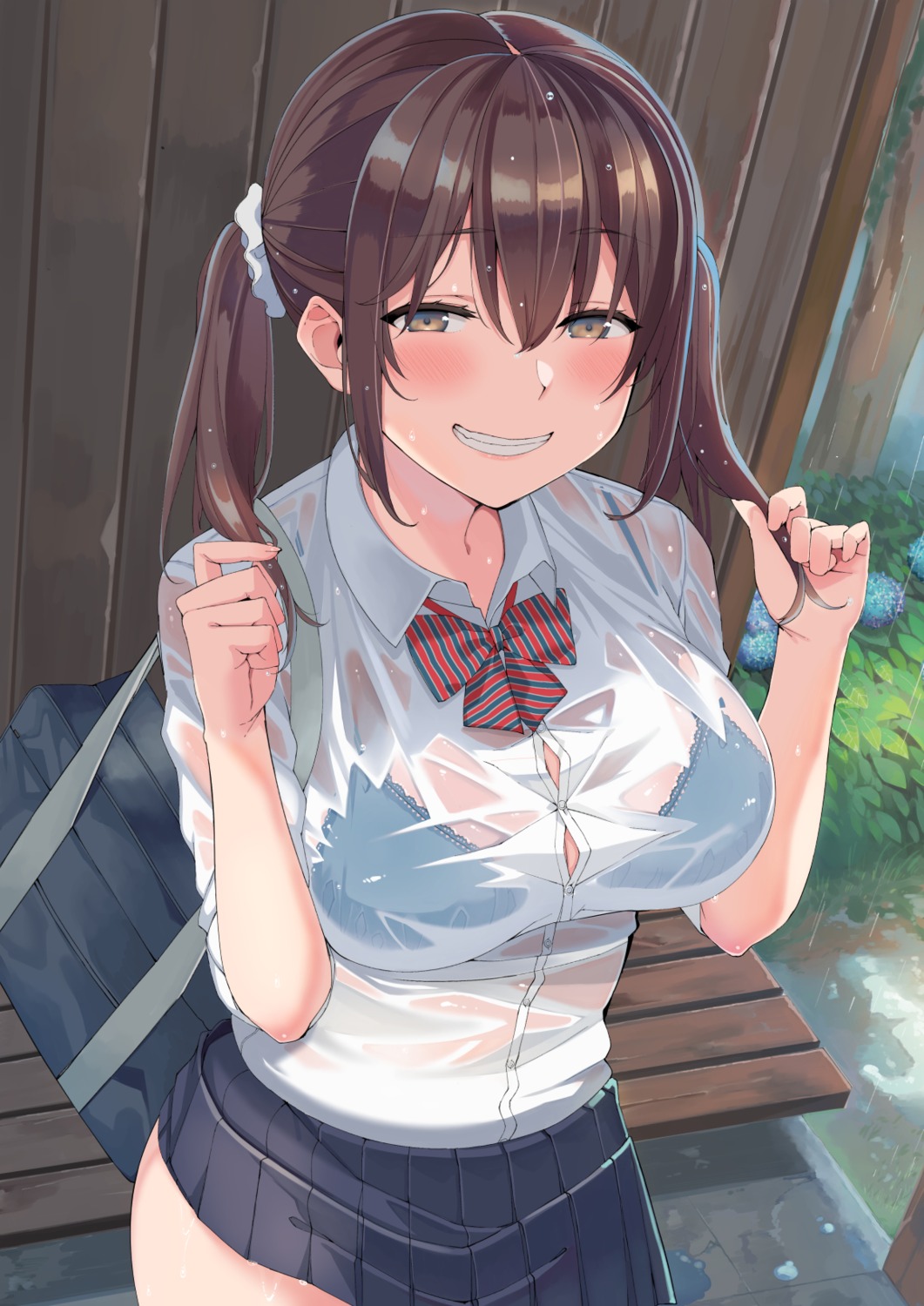 bra nekonose_hajime see_through seifuku skirt_lift wet_clothes