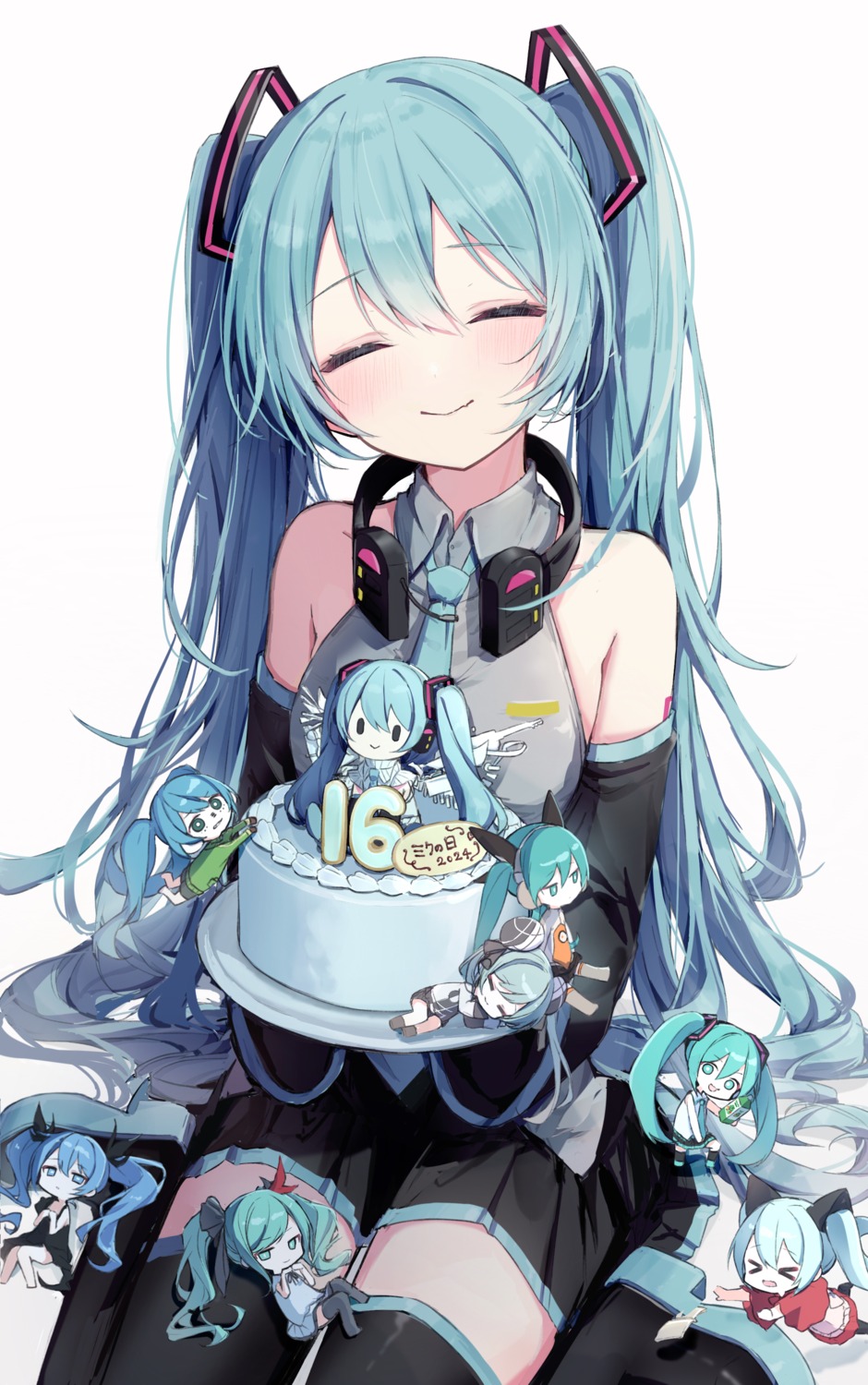 artist_revision chibi fusuma_(ramunezake) hatsune_miku headphones tattoo thighhighs vocaloid