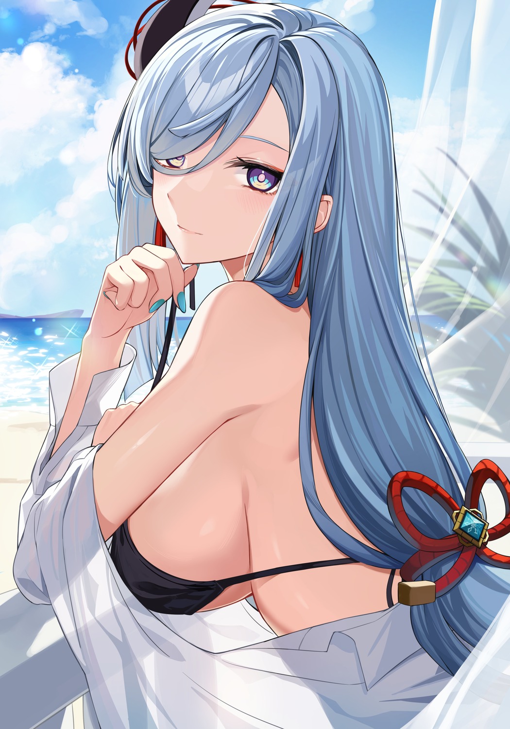 bikini_top dress_shirt genshin_impact open_shirt see_through shenhe swimsuits takehana_note