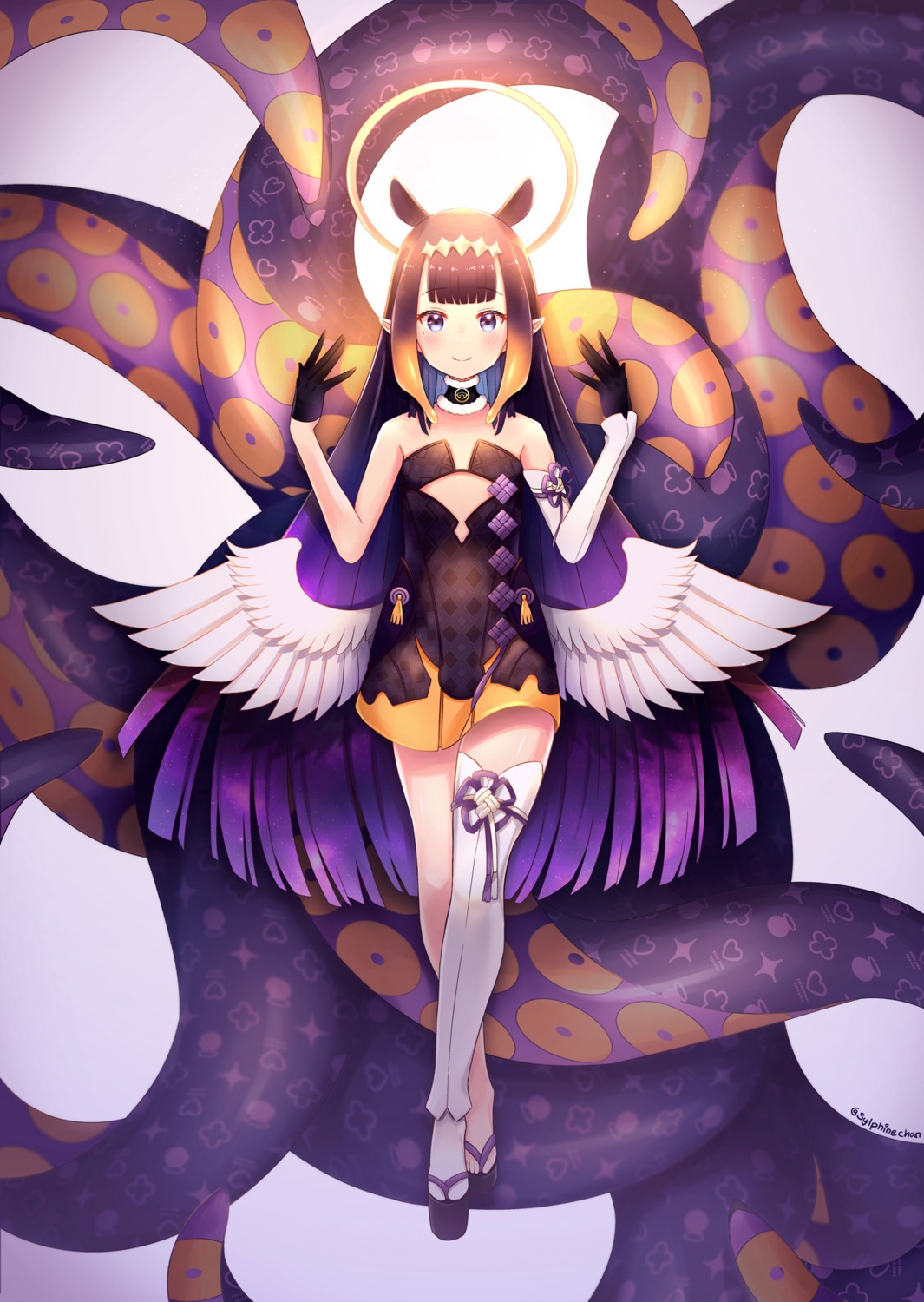 hololive hololive_english ninomae_ina'nis no_bra pointy_ears sylphine_(artist) tentacles thighhighs wings