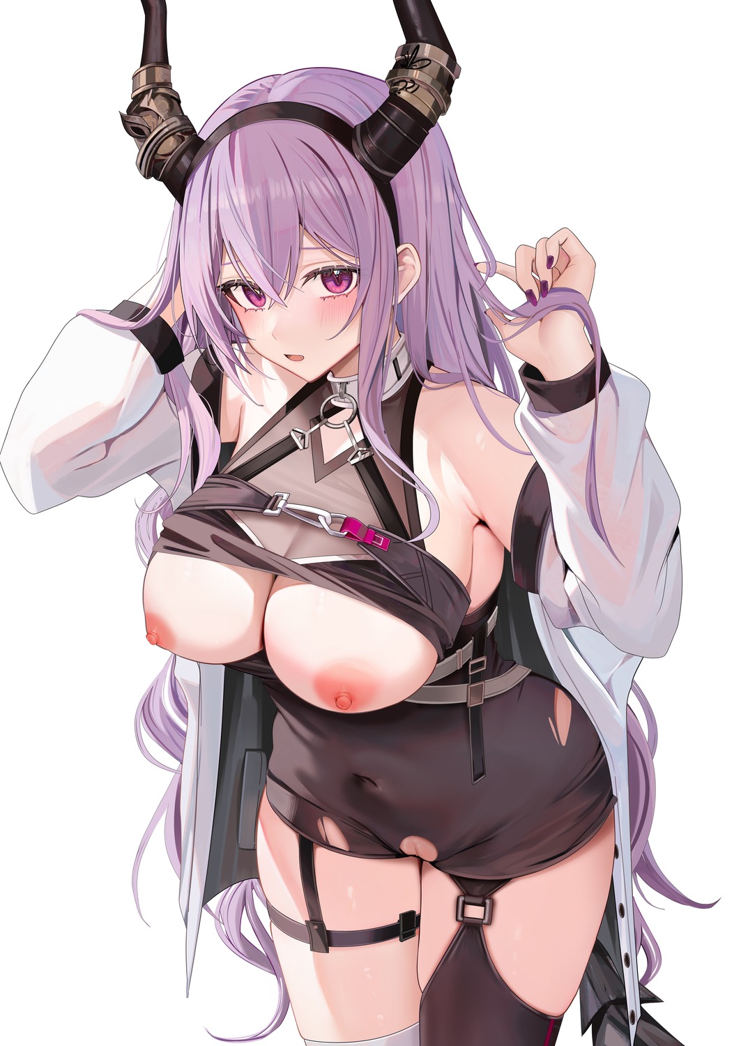 arknights horns nipples no_bra pussy ru_zhai stockings thighhighs torn_clothes typhon_(arknights) uncensored