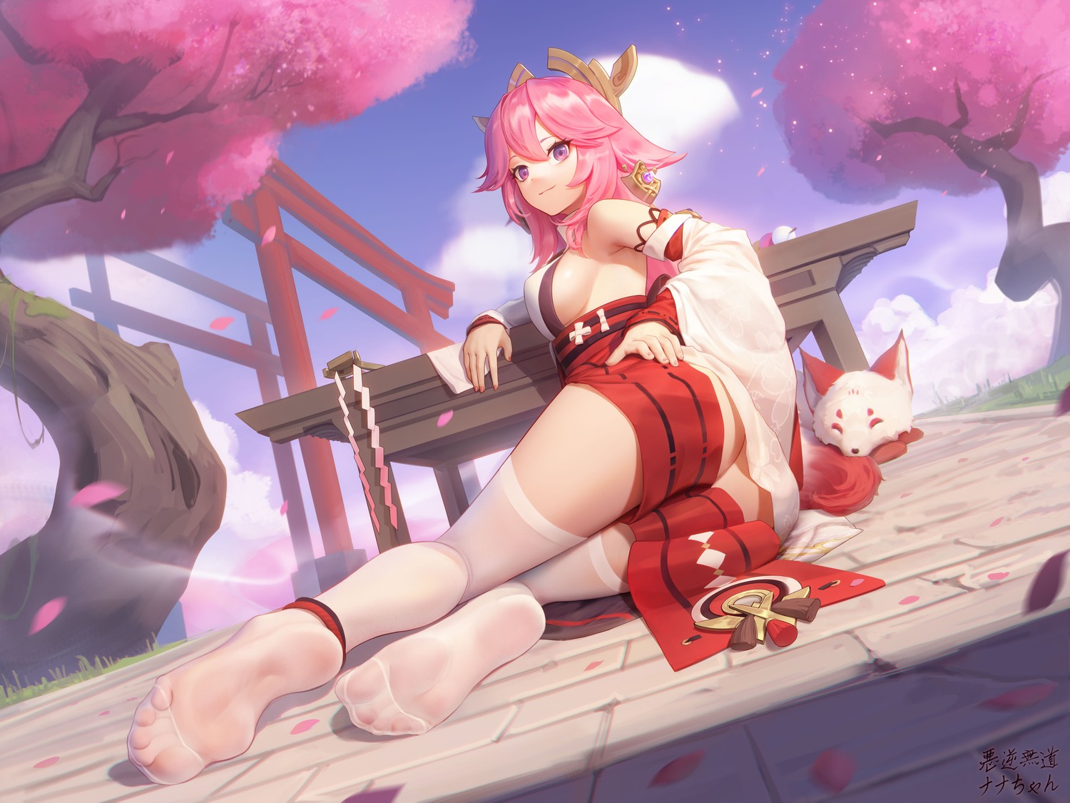 animal_ears ass feet genshin_impact japanese_clothes kitsune no_bra nopan sarena thighhighs yae_miko