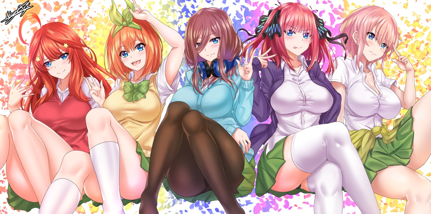 5-toubun_no_hanayome cleavage headphones nakano_ichika nakano_itsuki nakano_miku nakano_nino nakano_yotsuba nez-box open_shirt pantsu pantyhose seifuku sweater thighhighs