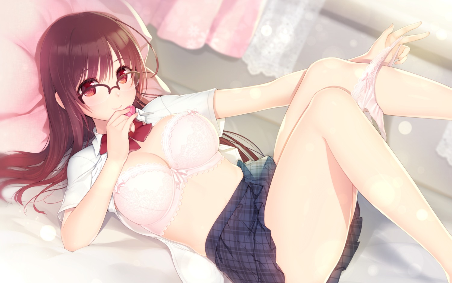 bra cleavage kashiwamochi_yomogi megane open_shirt pantsu panty_pull seifuku skirt_lift undressing wallpaper