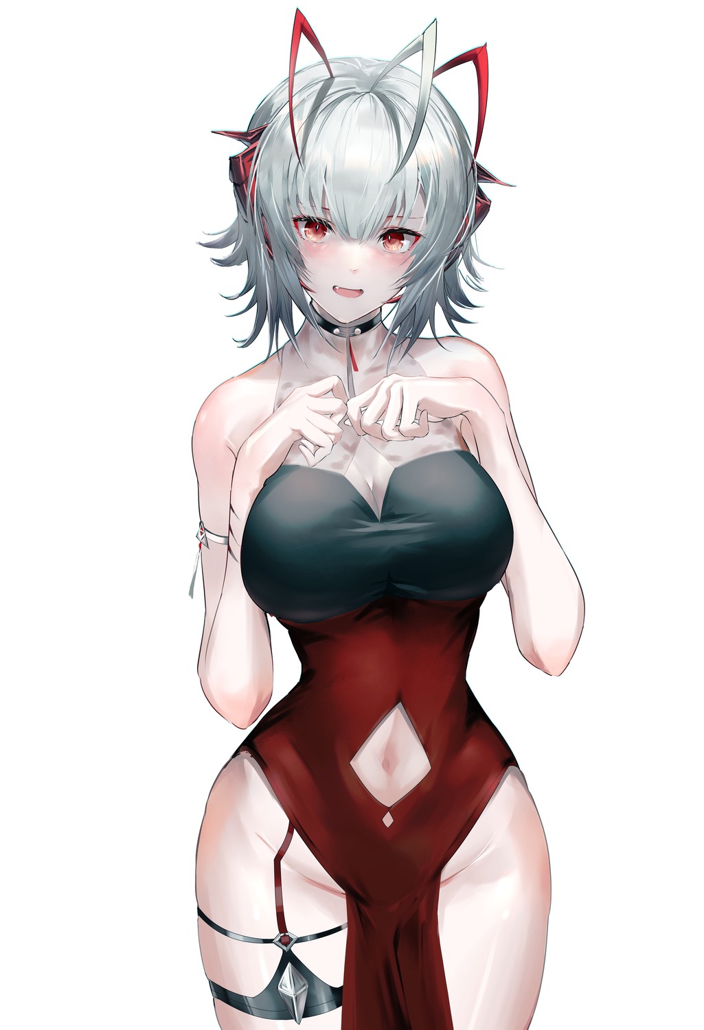 arknights cleavage dress drmaho1 garter horns no_bra see_through w_(arknights)