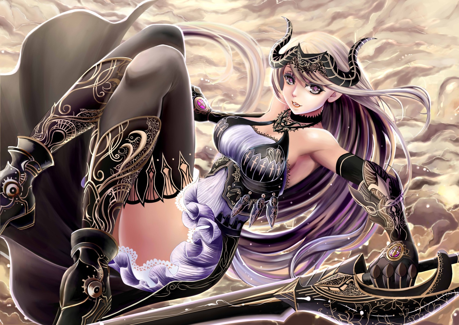 armor dress heels horns kangaroo sword thighhighs