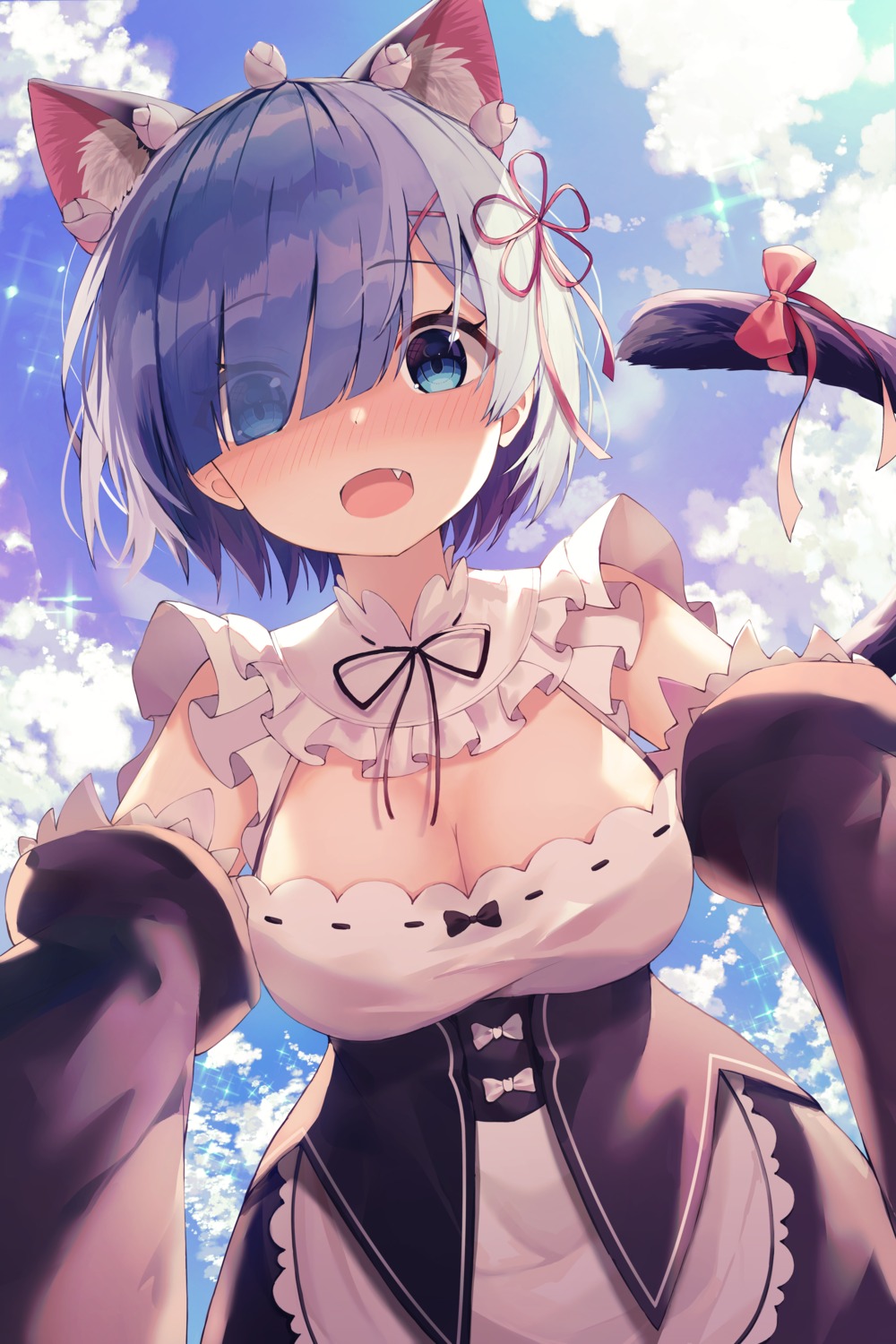 animal_ears bitseon cleavage maid nekomimi re_zero_kara_hajimeru_isekai_seikatsu rem_(re_zero) tail