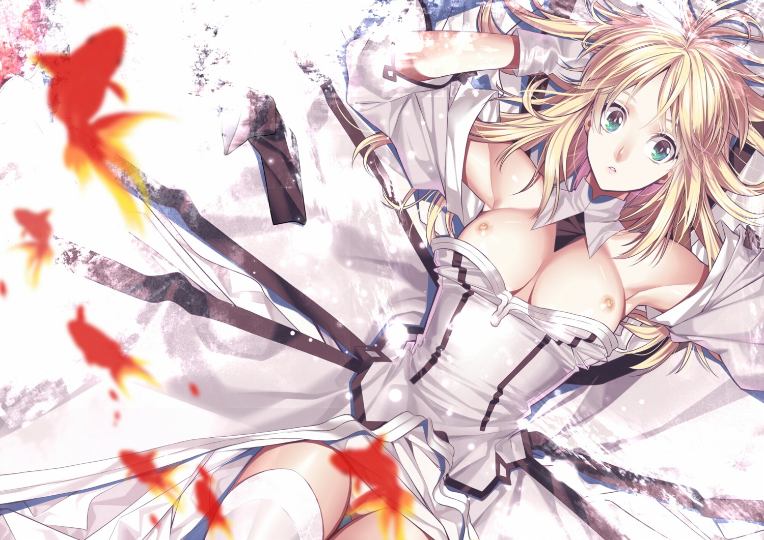 breasts fate/stay_night fate/unlimited_codes hullabaloo nipples open_shirt saber saber_lily thighhighs