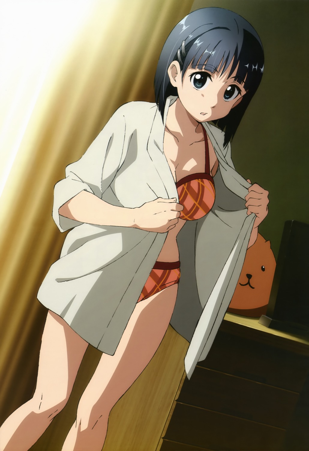 bra cleavage dress_shirt kawatsuma_tomomi kirigaya_suguha open_shirt pantsu sword_art_online undressing