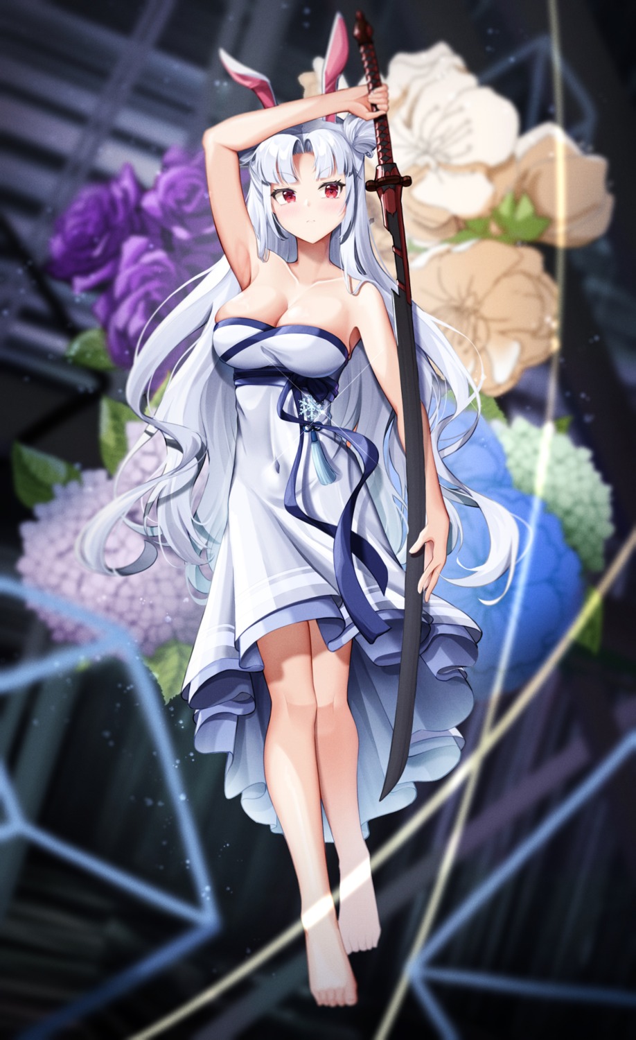 animal_ears bunny_ears dress no_bra sword tagme