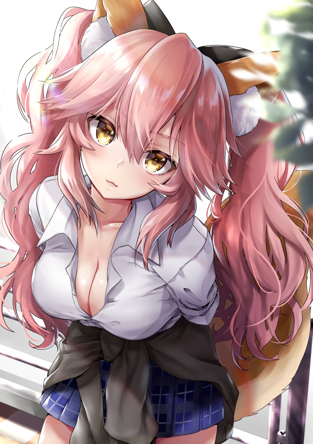 animal_ears cleavage fate/grand_order hane_yuki kitsune open_shirt seifuku sweater tail tamamo_no_mae