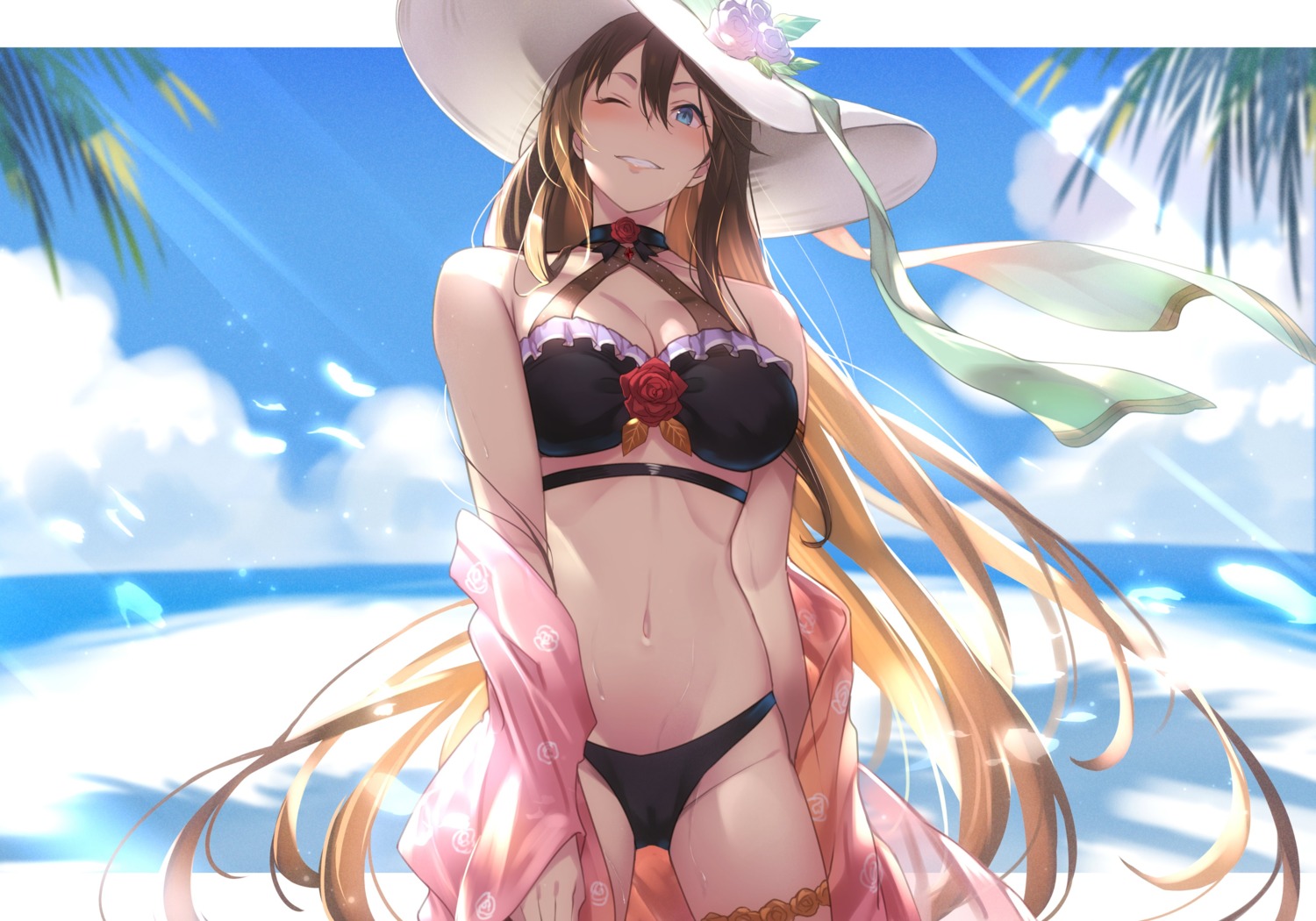 bikini cameltoe cleavage garter granblue_fantasy kakage open_shirt rosetta_(granblue_fantasy) swimsuits wet